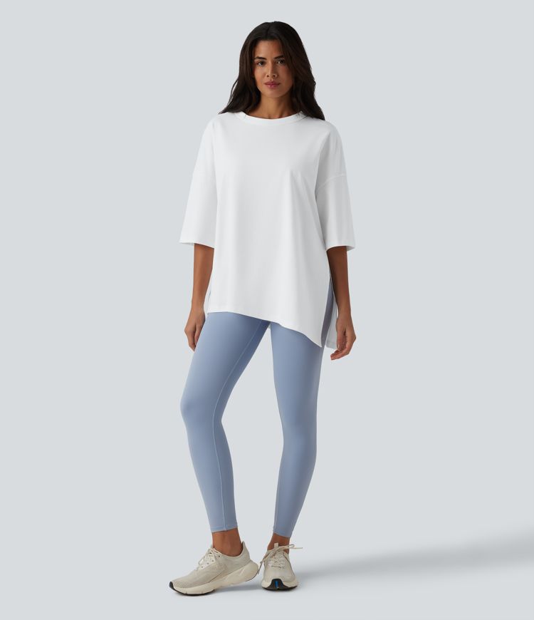 Round Neck 3/4 Sleeve Tie Side Workout Cotton Sports Top