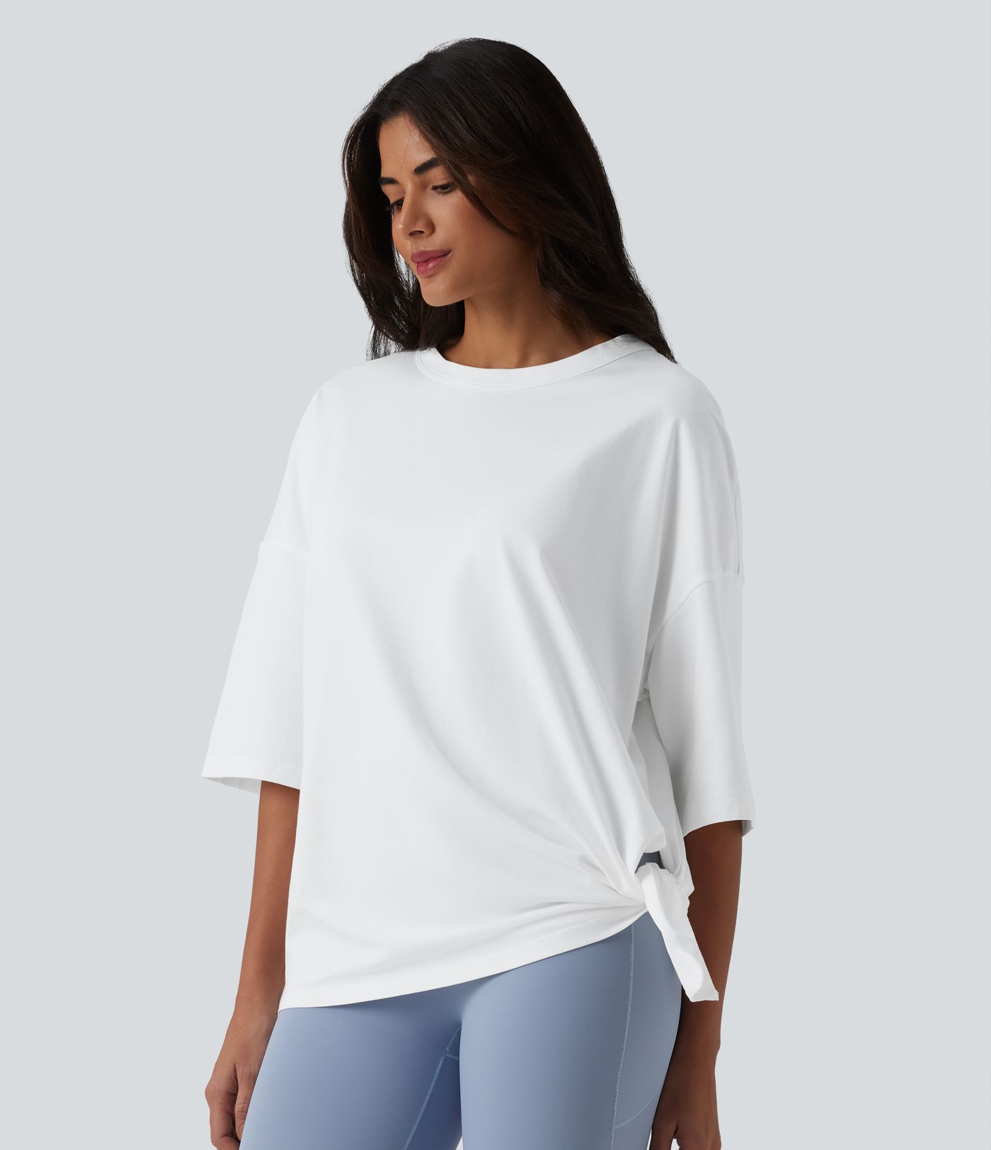 Round Neck 3/4 Sleeve Tie Side Workout Cotton Sports Top