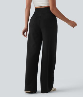 Ikdienas bikses ar augstu vidukli, plašu piegriezumu un kabatām