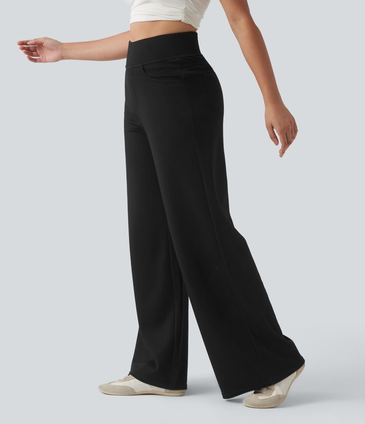 Ikdienas bikses ar augstu vidukli, plašu piegriezumu un kabatām