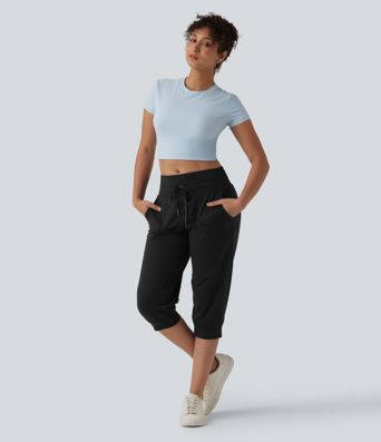 Mid Rise Drawstring Capri Casual Joggers with Pockets