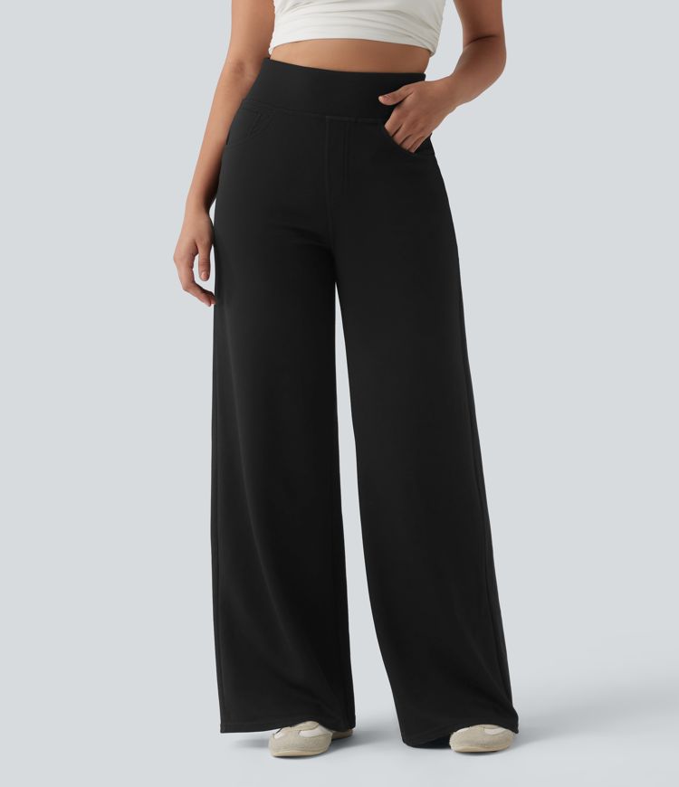 Ikdienas bikses ar augstu vidukli, plašu piegriezumu un kabatām