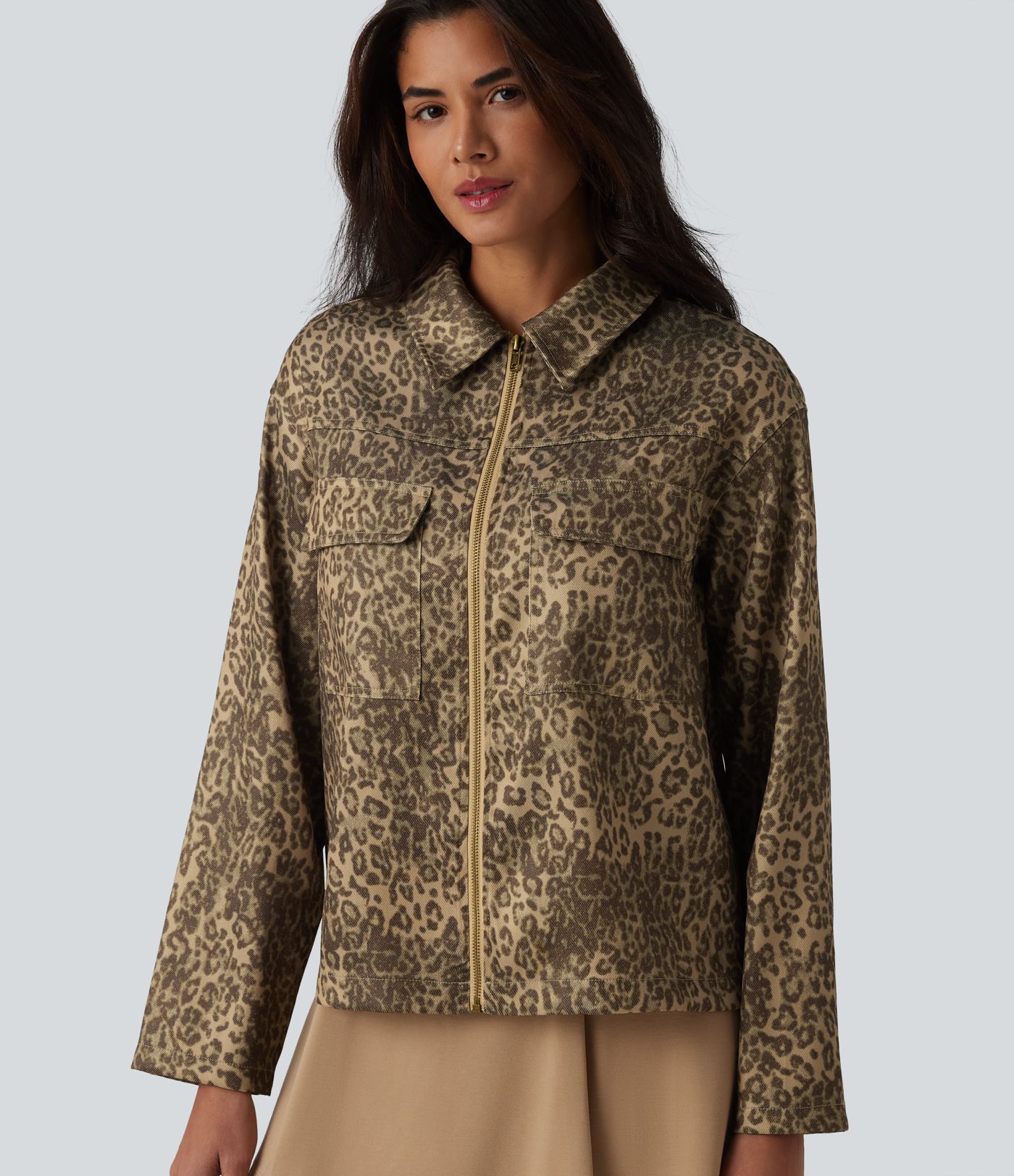 Veste casual imprimé léopard manches longues avec zip et poches