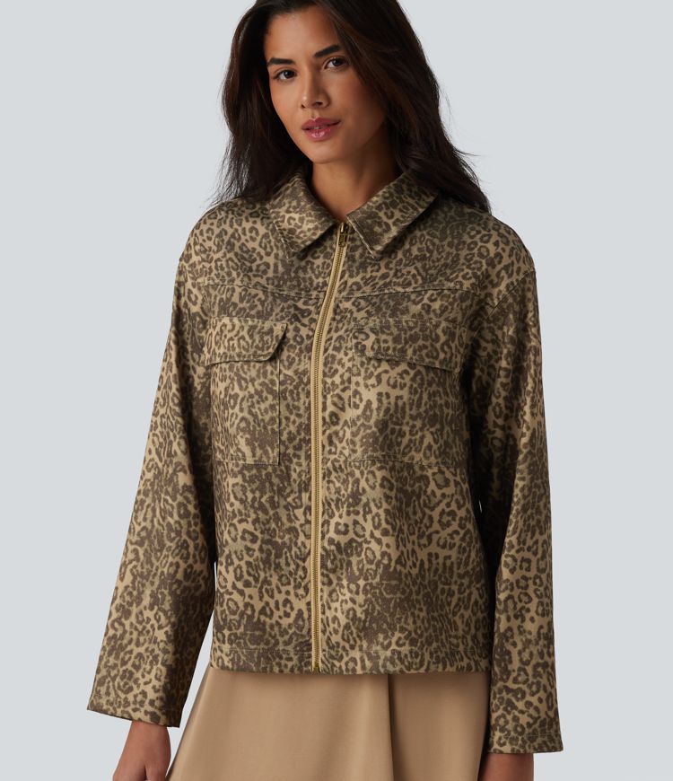 Veste casual imprimé léopard manches longues avec zip et poches