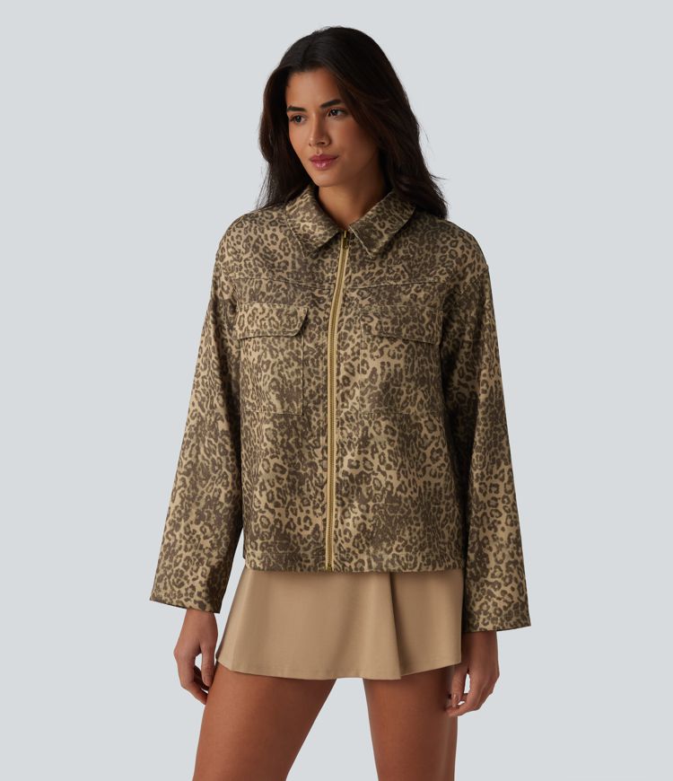 Veste casual imprimé léopard manches longues avec zip et poches