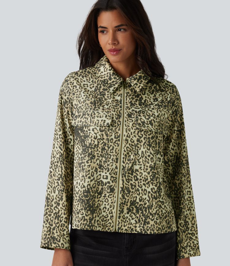 Veste casual imprimé léopard manches longues avec zip et poches