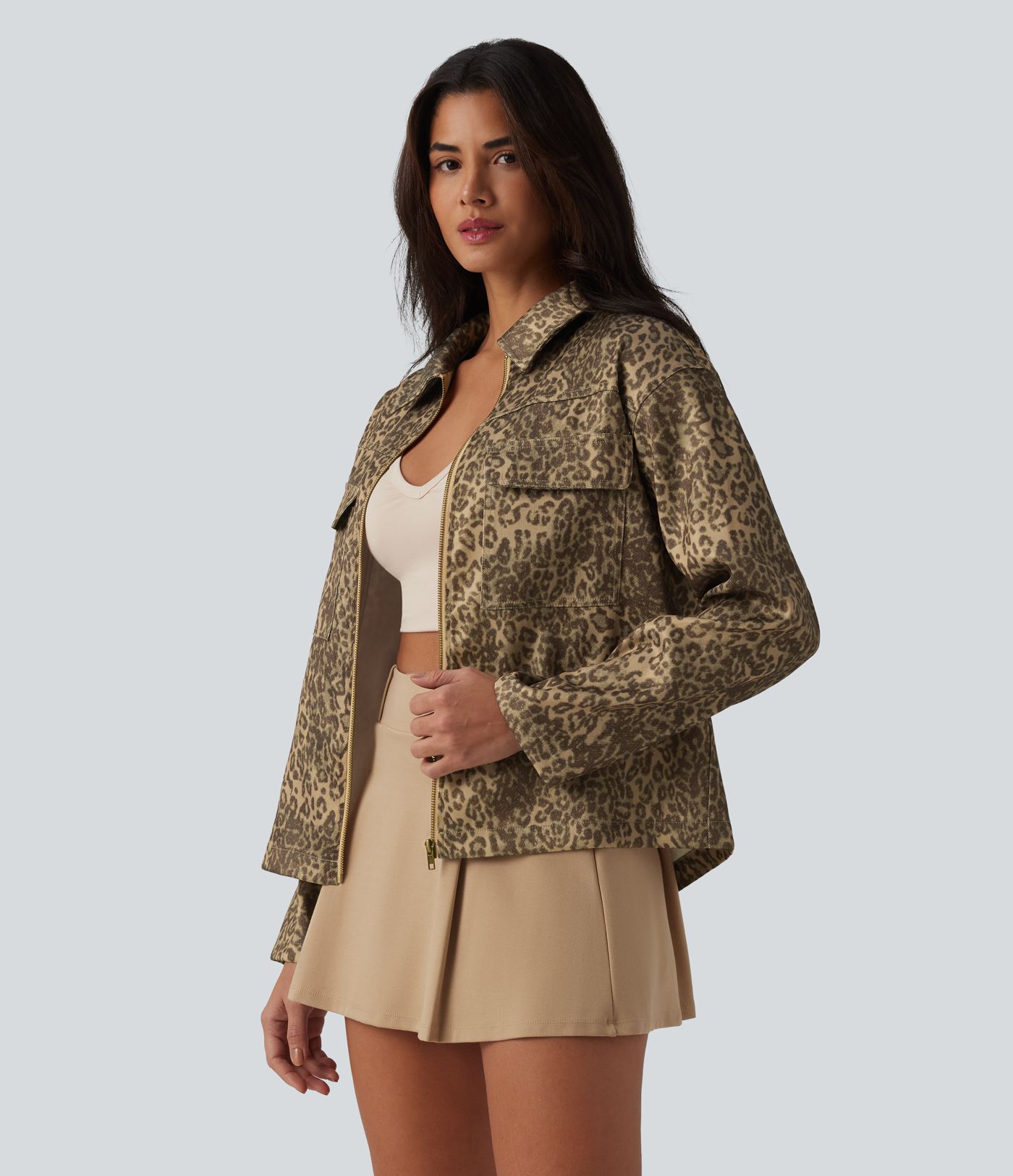 Veste casual imprimé léopard manches longues avec zip et poches