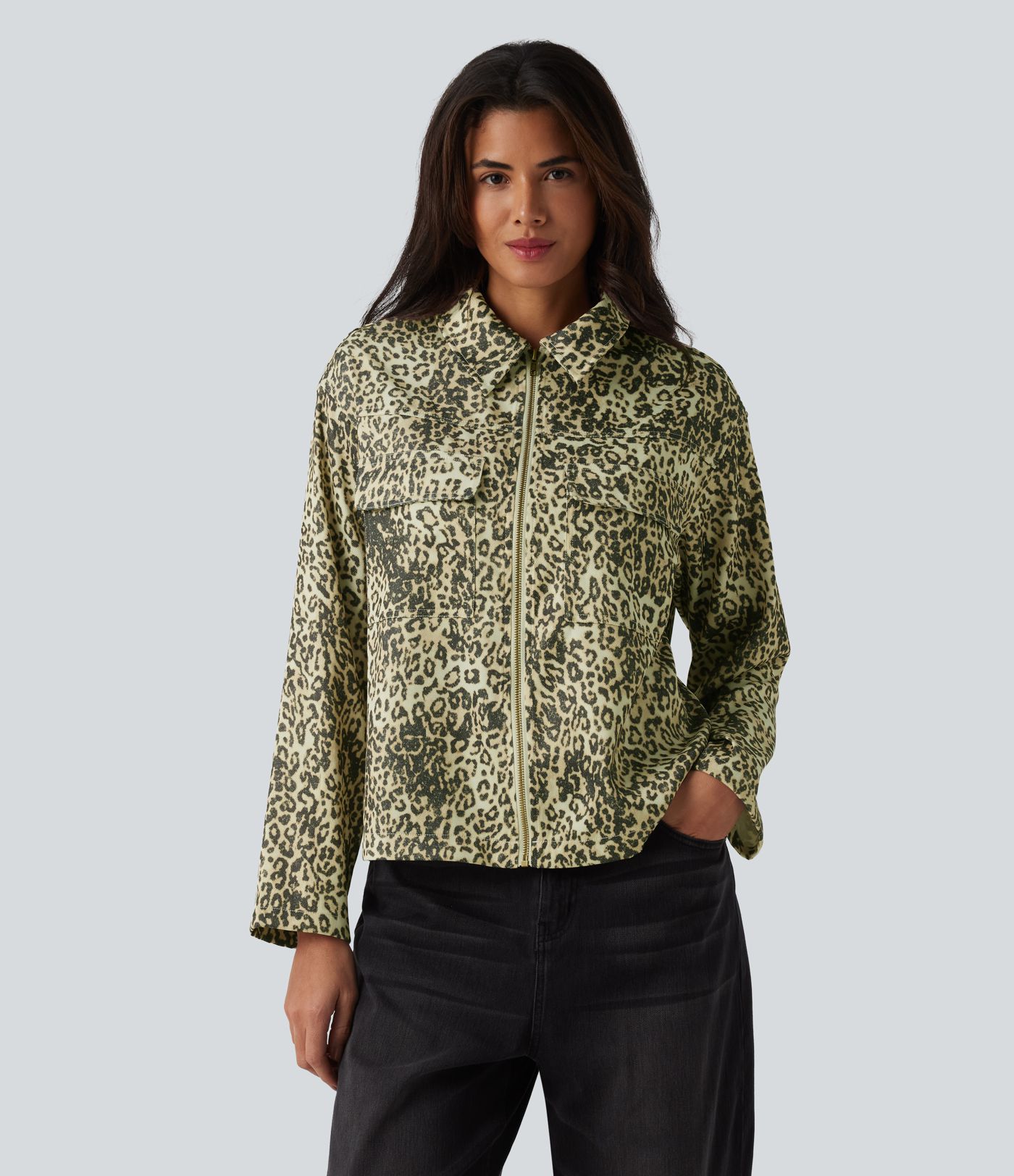 Veste casual imprimé léopard manches longues avec zip et poches