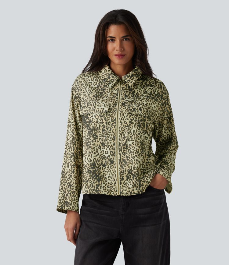 Veste casual imprimé léopard manches longues avec zip et poches