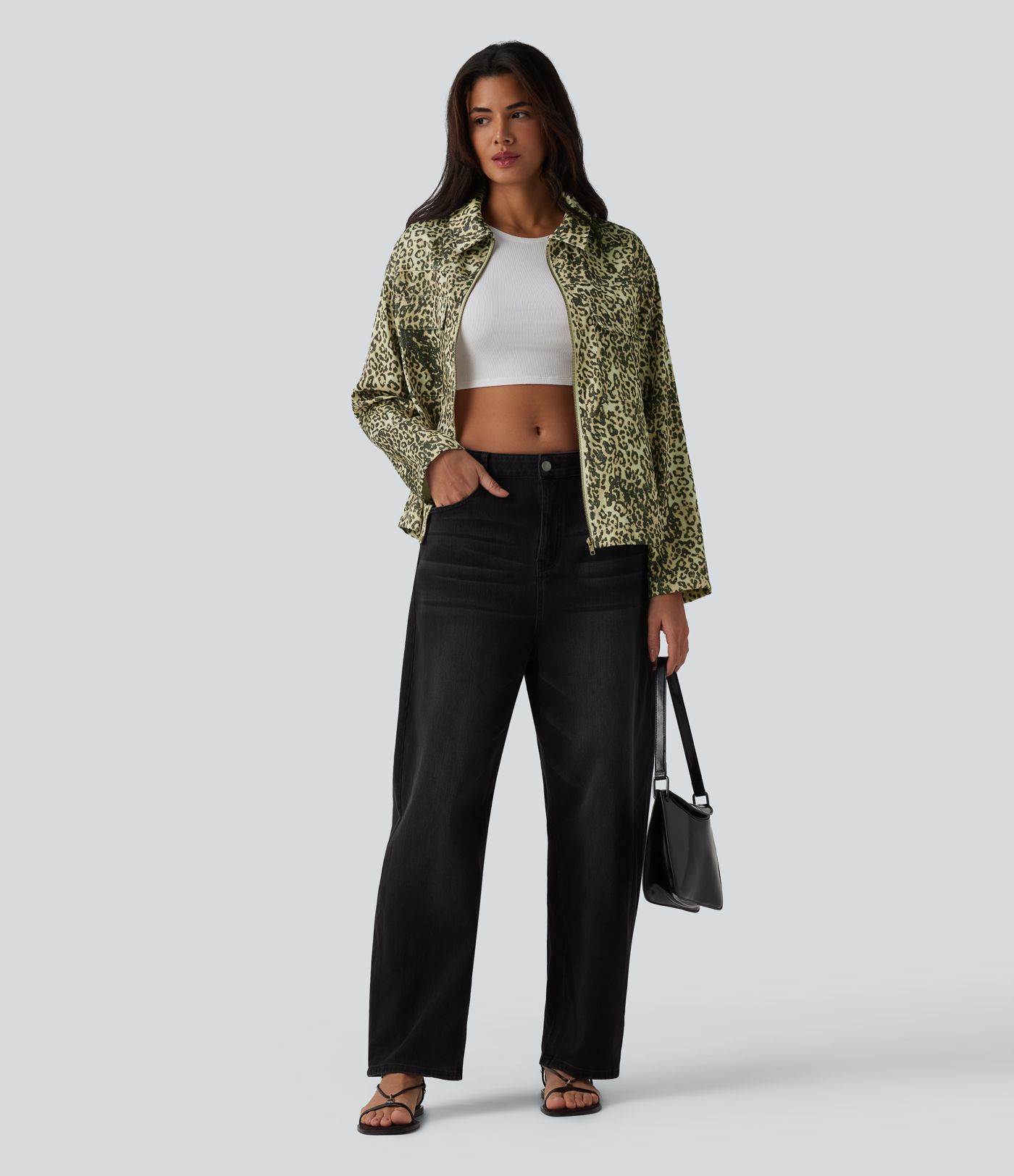 Veste casual imprimé léopard manches longues avec zip et poches