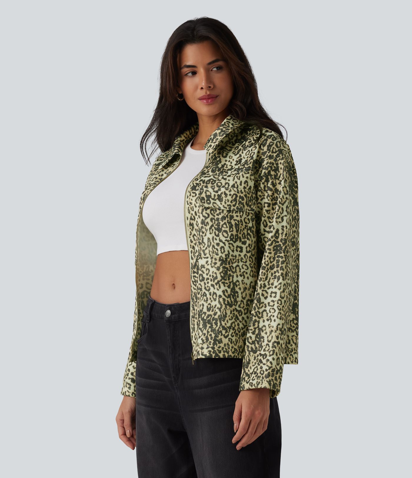 Veste casual imprimé léopard manches longues avec zip et poches