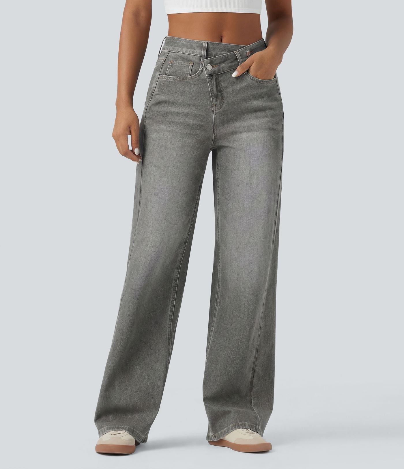 Halara Flex™ Asymmetric High Waisted Washed Casual Baggy Jeans with Pockets