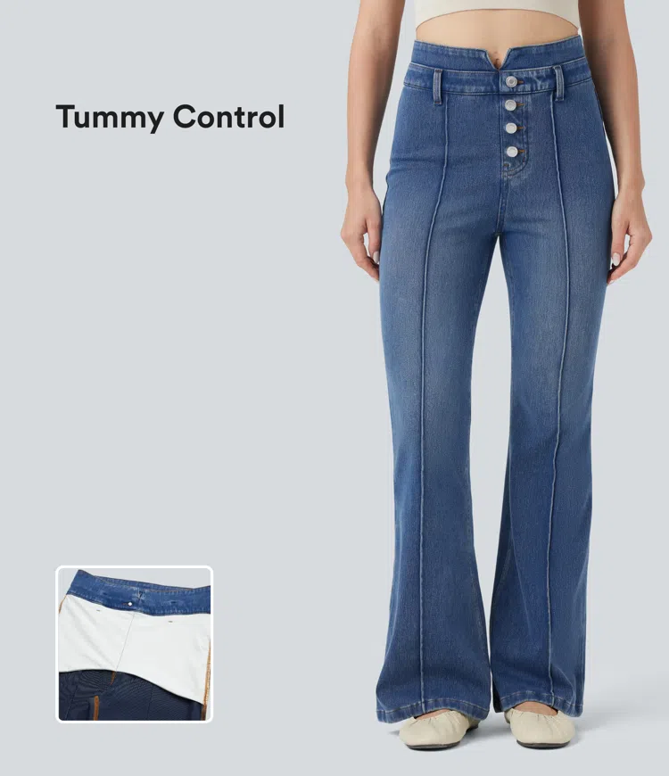 Tide Blue Denim Halara Flex™ Mid Rise Tummy Control Casual Flared Jeans with Pockets / 1