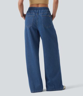 Halara Flex™ Mid Rise Drawstring Wide Leg Stripe Casual Jeans with Pockets