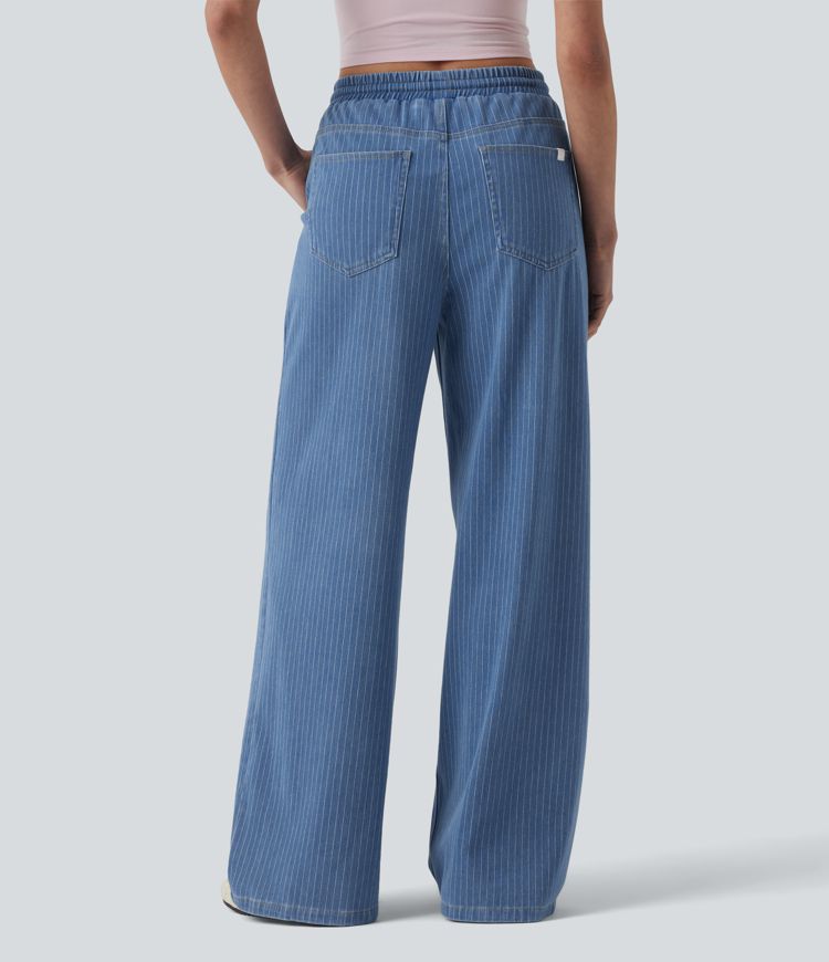 Halara Flex™ Mid Rise Drawstring Wide Leg Stripe Casual Jeans with Pockets