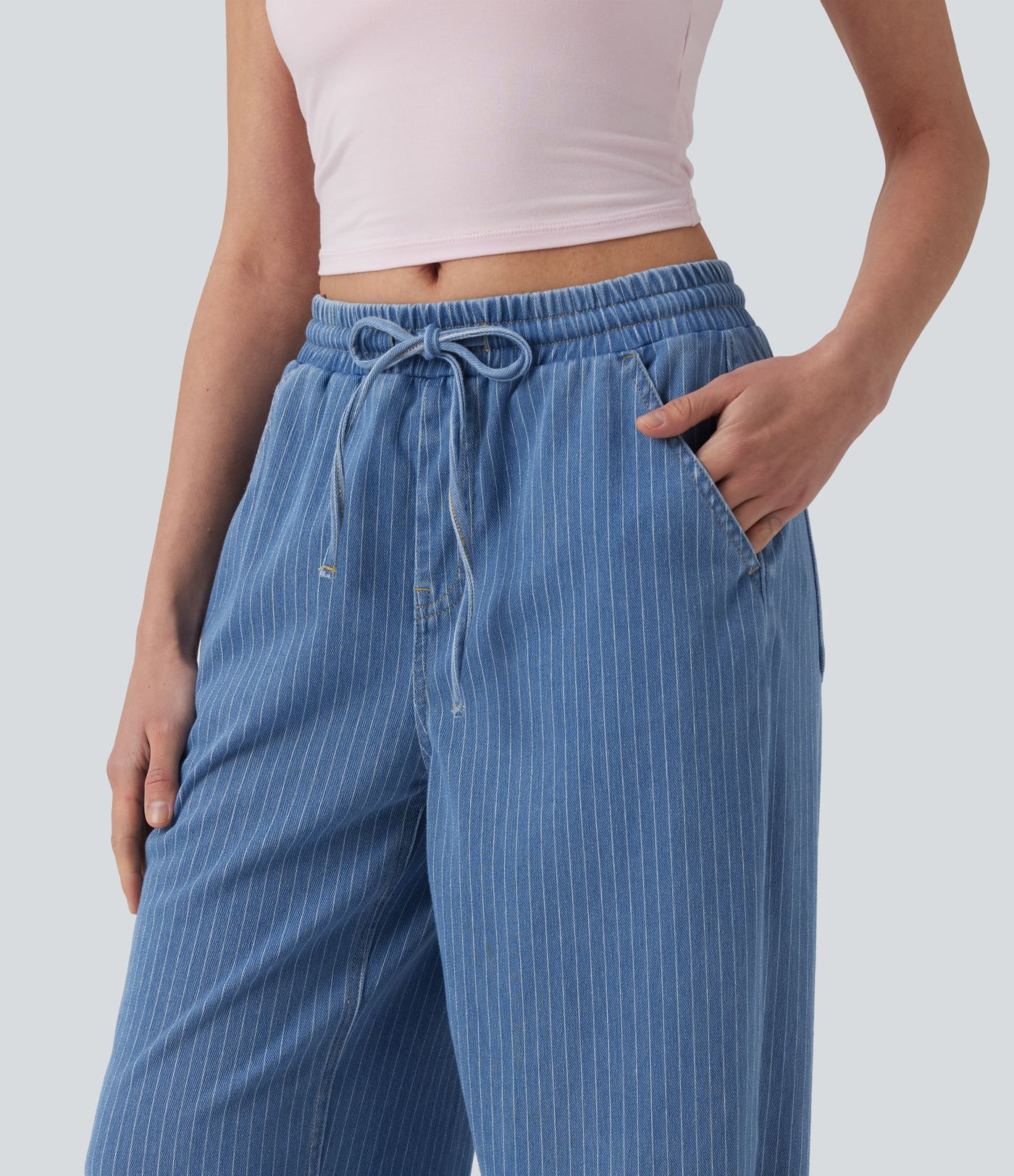 Halara Flex™ Mid Rise Drawstring Wide Leg Stripe Casual Jeans with Pockets