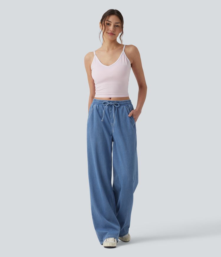 Halara Flex™ Mid Rise Drawstring Wide Leg Stripe Casual Jeans with Pockets