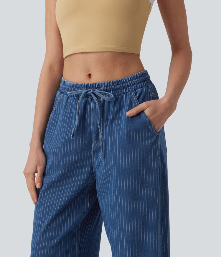 Halara Flex™ Mid Rise Drawstring Wide Leg Stripe Casual Jeans with Pockets