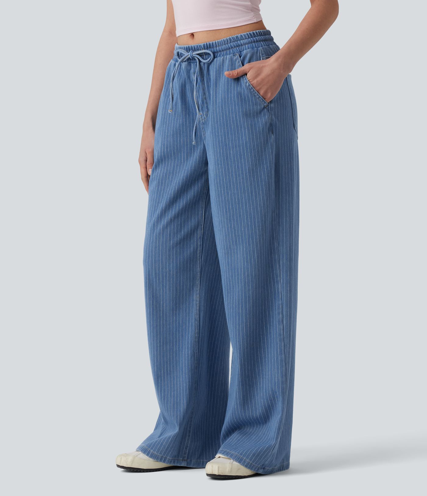 Halara Flex™ Mid Rise Drawstring Wide Leg Stripe Casual Jeans with Pockets