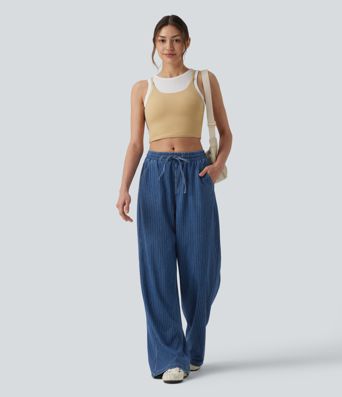 Halara Flex™ Mid Rise Drawstring Wide Leg Stripe Casual Jeans with Pockets