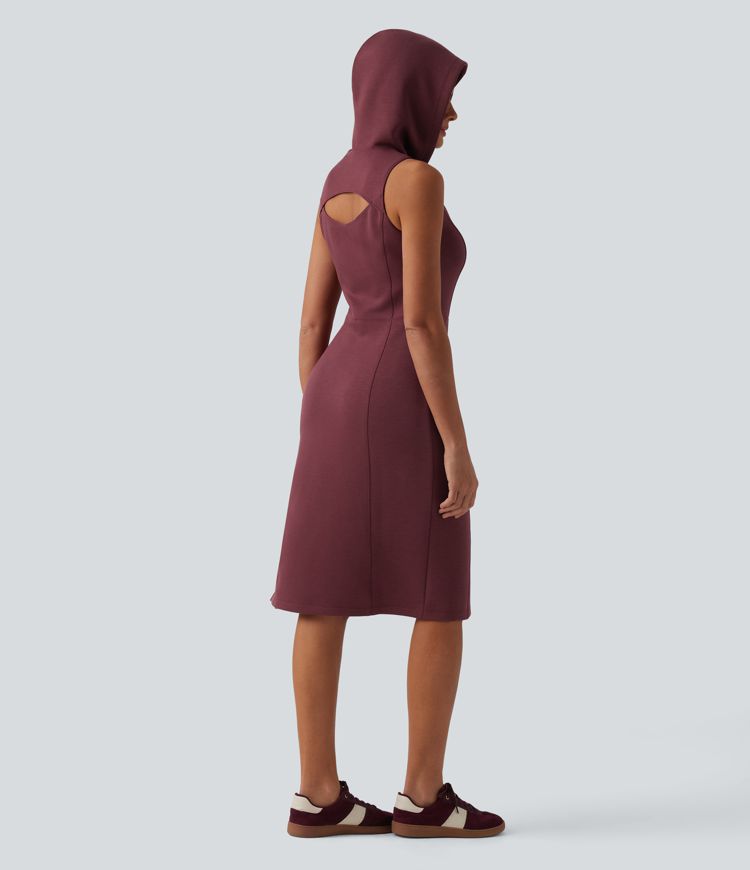 SpacerTek™ Hooded Sleeveless Cut Out Midi Casual Dress