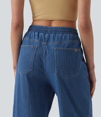Halara Flex™ Mid Rise Drawstring Wide Leg Stripe Casual Jeans with Pockets