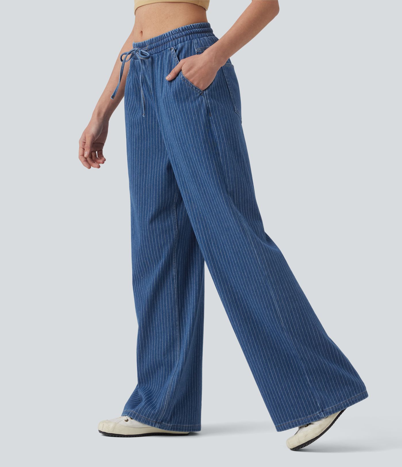 Halara Flex™ Mid Rise Drawstring Wide Leg Stripe Casual Jeans with Pockets