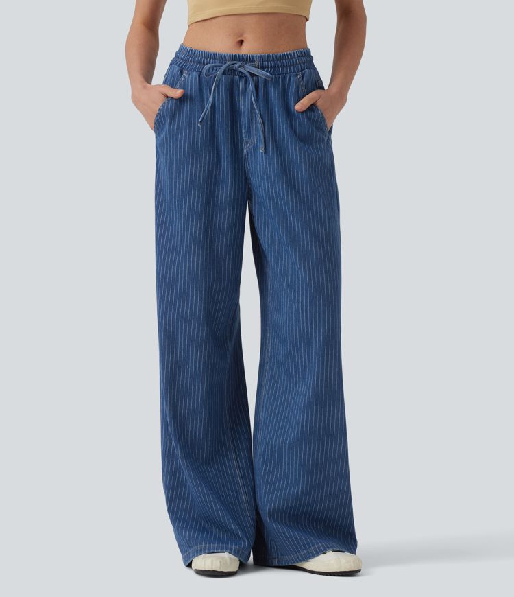 Halara Flex™ Mid Rise Drawstring Wide Leg Stripe Casual Jeans with Pockets