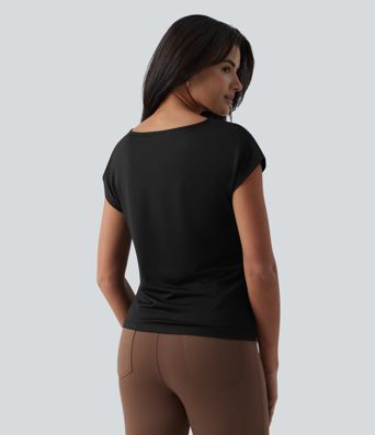 Asymmetric Cowl Neck Short Sleeve Ruched Split Hem Work Blouse