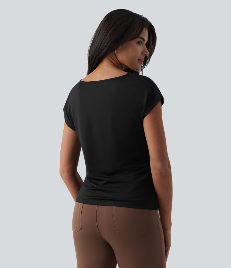 Asymmetric Cowl Neck Short Sleeve Ruched Split Hem Work Blouse