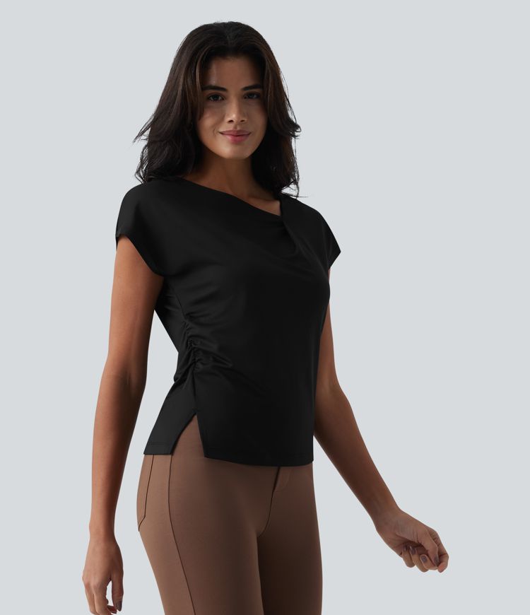 Asymmetric Cowl Neck Short Sleeve Ruched Split Hem Work Blouse