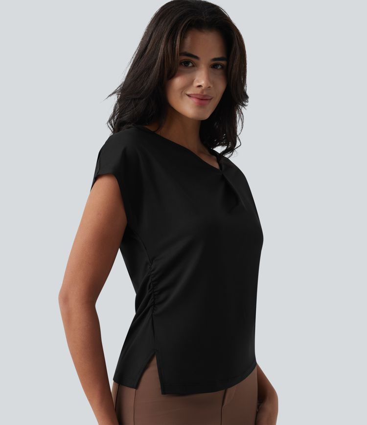 Asymmetric Cowl Neck Short Sleeve Ruched Split Hem Work Blouse