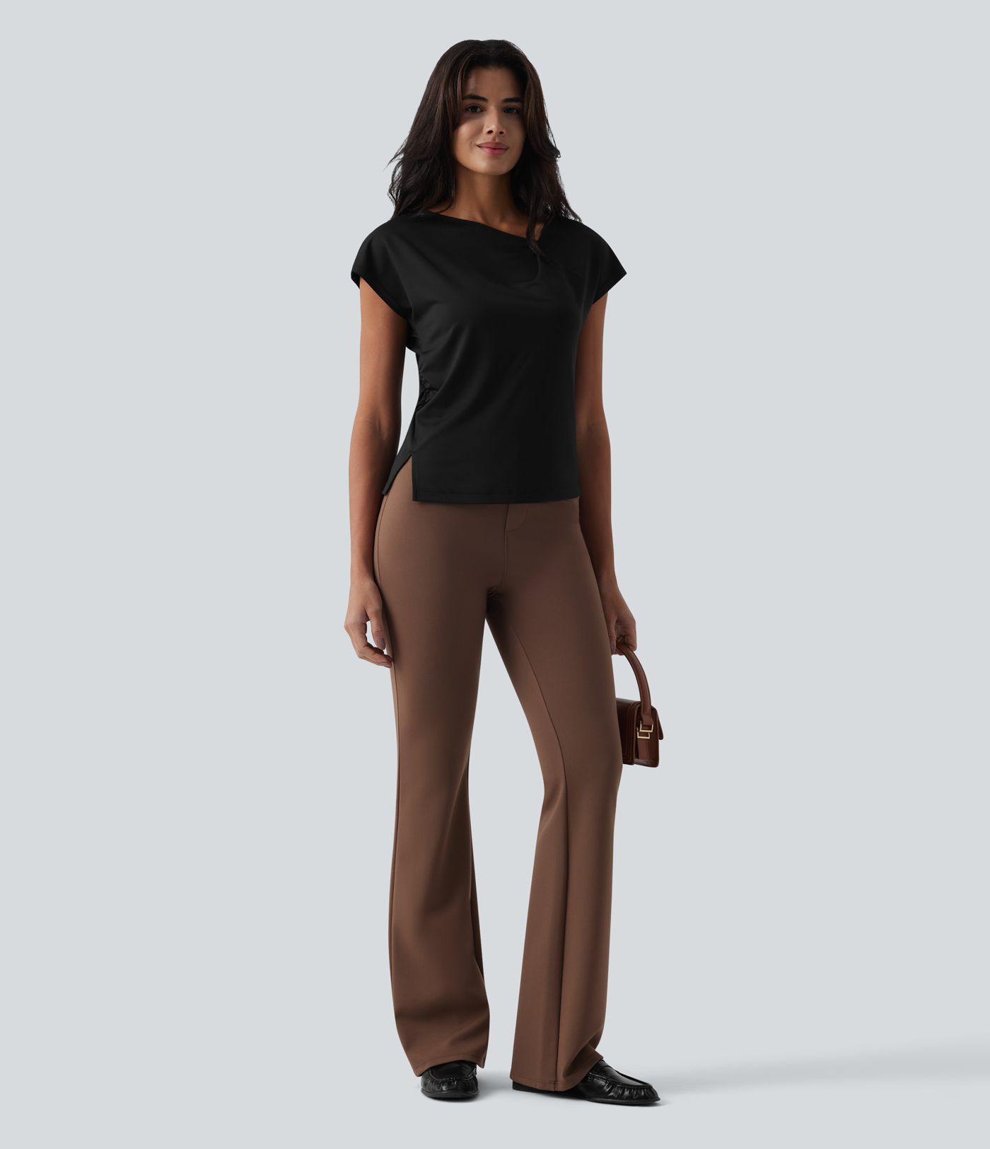 Asymmetric Cowl Neck Short Sleeve Ruched Split Hem Work Blouse