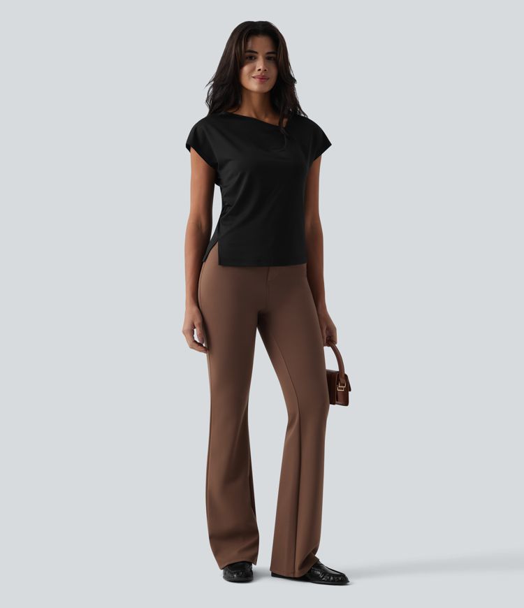 Asymmetric Cowl Neck Short Sleeve Ruched Split Hem Work Blouse