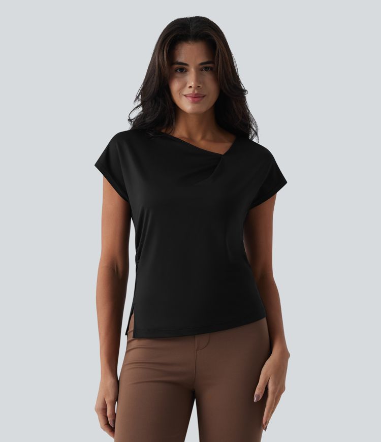 Asymmetric Cowl Neck Short Sleeve Ruched Split Hem Work Blouse