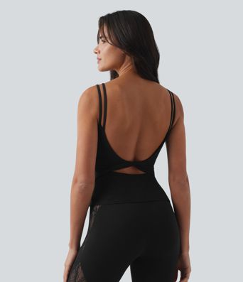 SoftlyZero™ U Neck Backless Twisted Built-in Bra Lace Yoga Tank Top-Longer Length