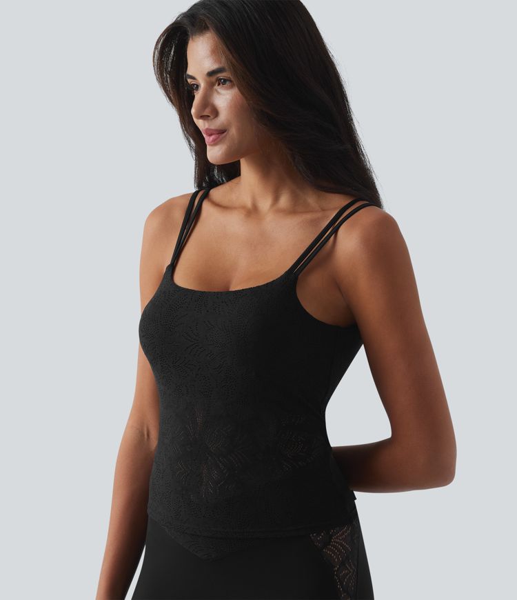 SoftlyZero™ U Neck Backless Twisted Built-in Bra Lace Yoga Tank Top-Longer Length