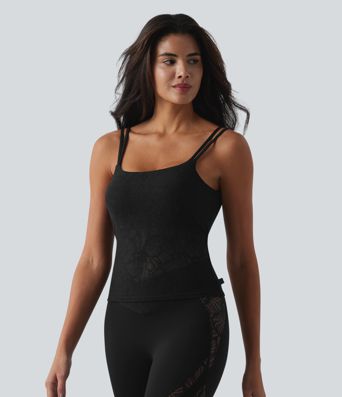 SoftlyZero™ U Neck Backless Twisted Built-in Bra Lace Yoga Tank Top-Longer Length