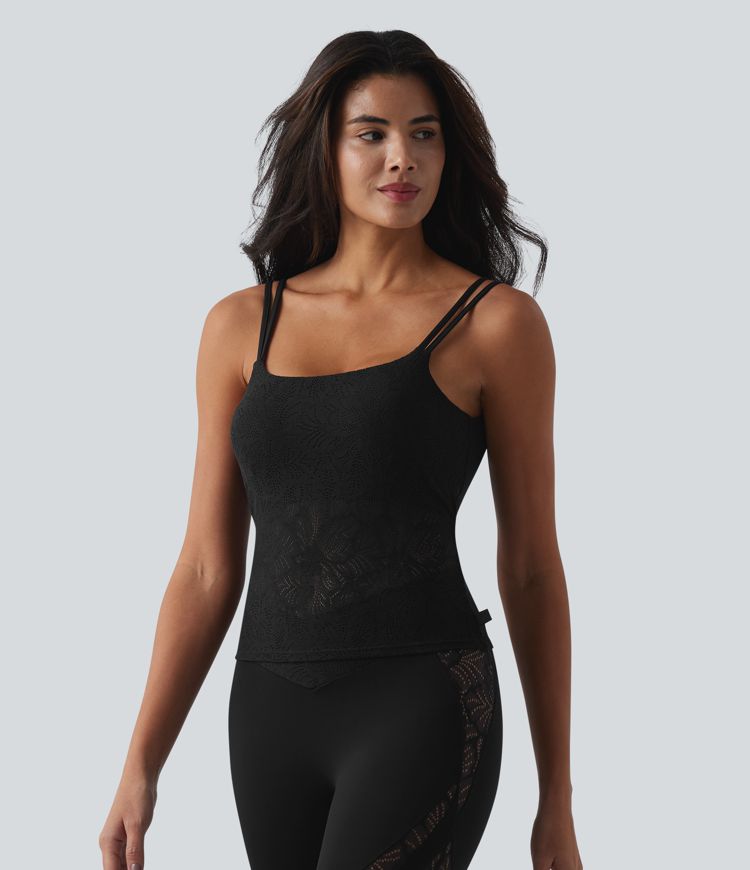 SoftlyZero™ U Neck Backless Twisted Built-in Bra Lace Yoga Tank Top-Longer Length