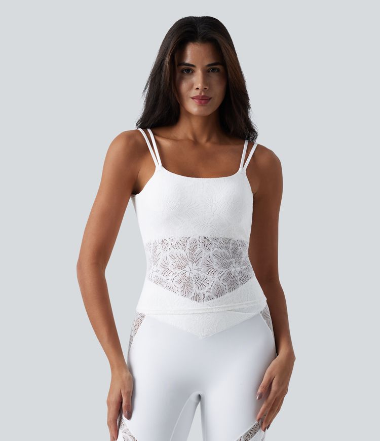 SoftlyZero™ U Neck Backless Twisted Built-in Bra Lace Yoga Tank Top-Longer Length