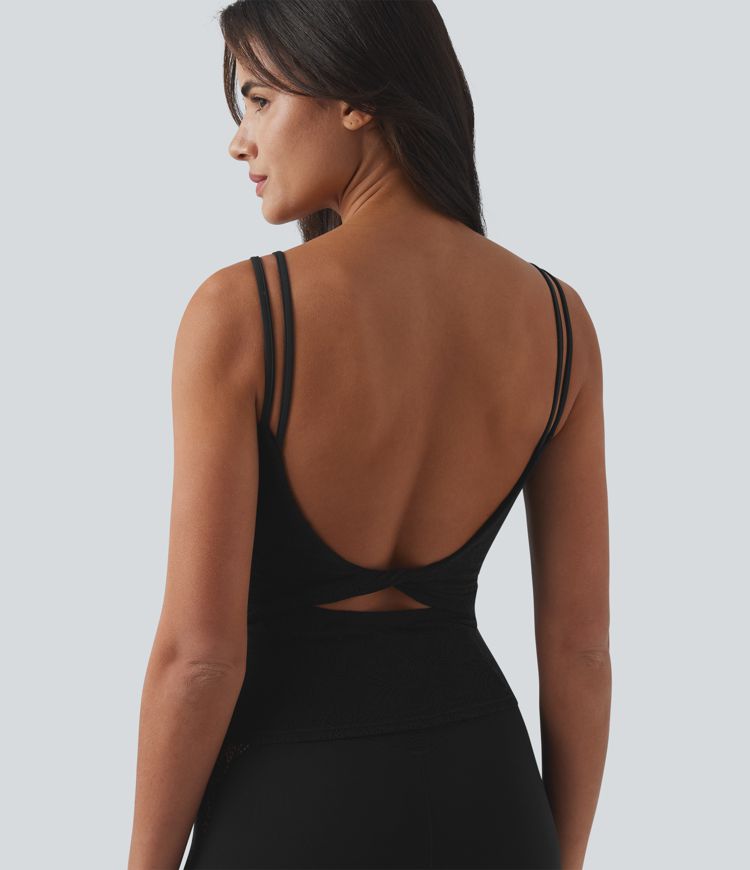 SoftlyZero™ U Neck Backless Twisted Built-in Bra Lace Yoga Tank Top-Longer Length