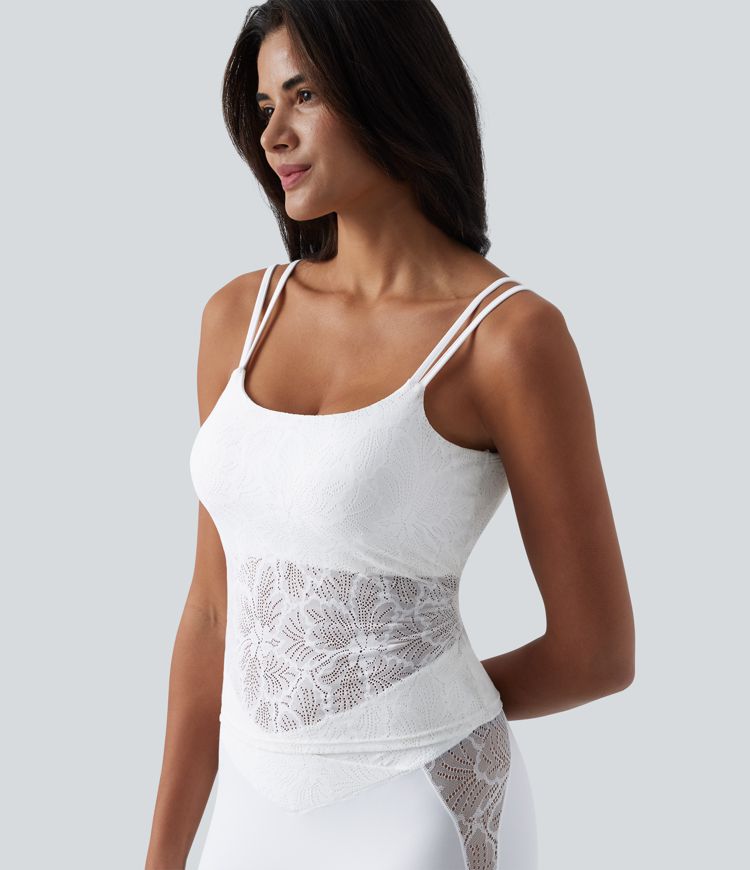 SoftlyZero™ U Neck Backless Twisted Built-in Bra Lace Yoga Tank Top-Longer Length