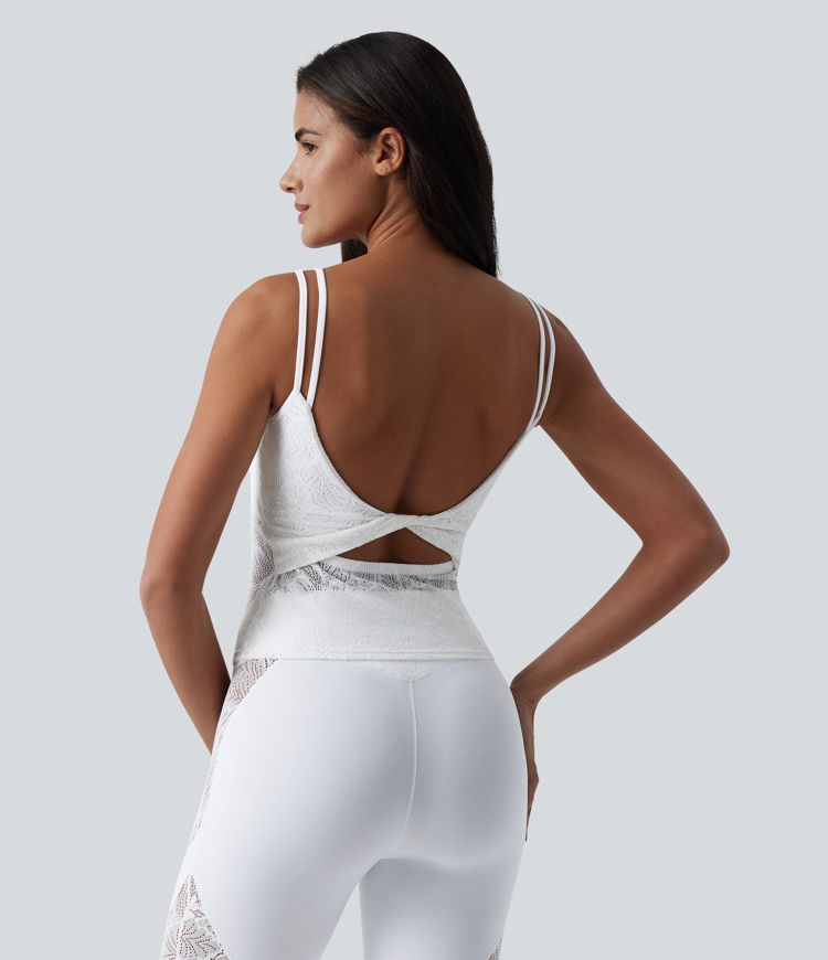 SoftlyZero™ U Neck Backless Twisted Built-in Bra Lace Yoga Tank Top-Longer Length