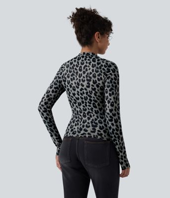 Round Neck Long Sleeve Leopard Print Casual Slim Top