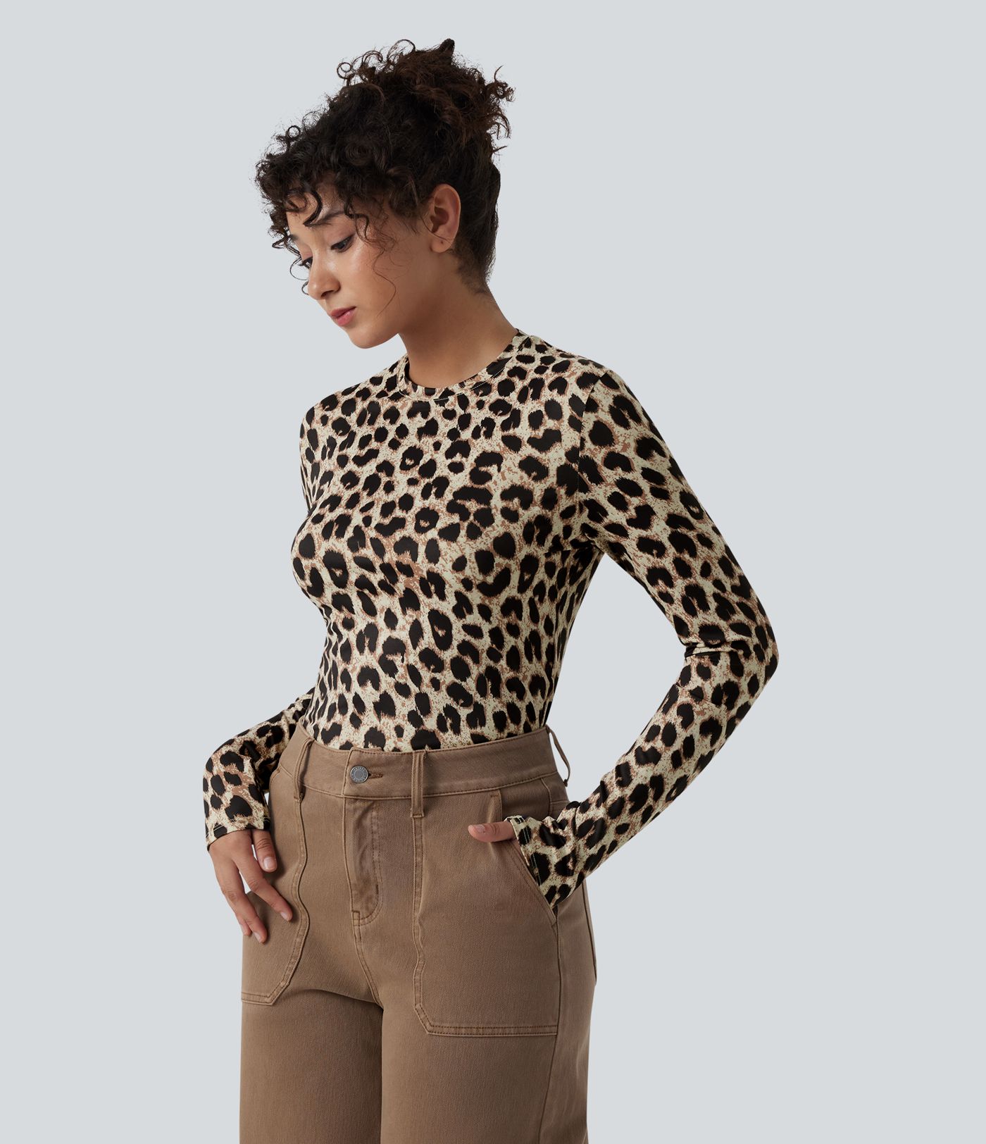 Round Neck Long Sleeve Leopard Print Casual Slim Top