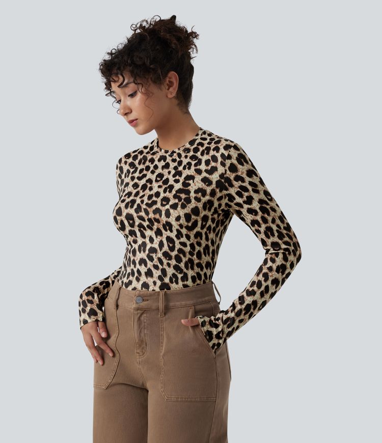 Round Neck Long Sleeve Leopard Print Casual Slim Top