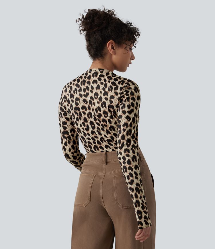 Round Neck Long Sleeve Leopard Print Casual Slim Top