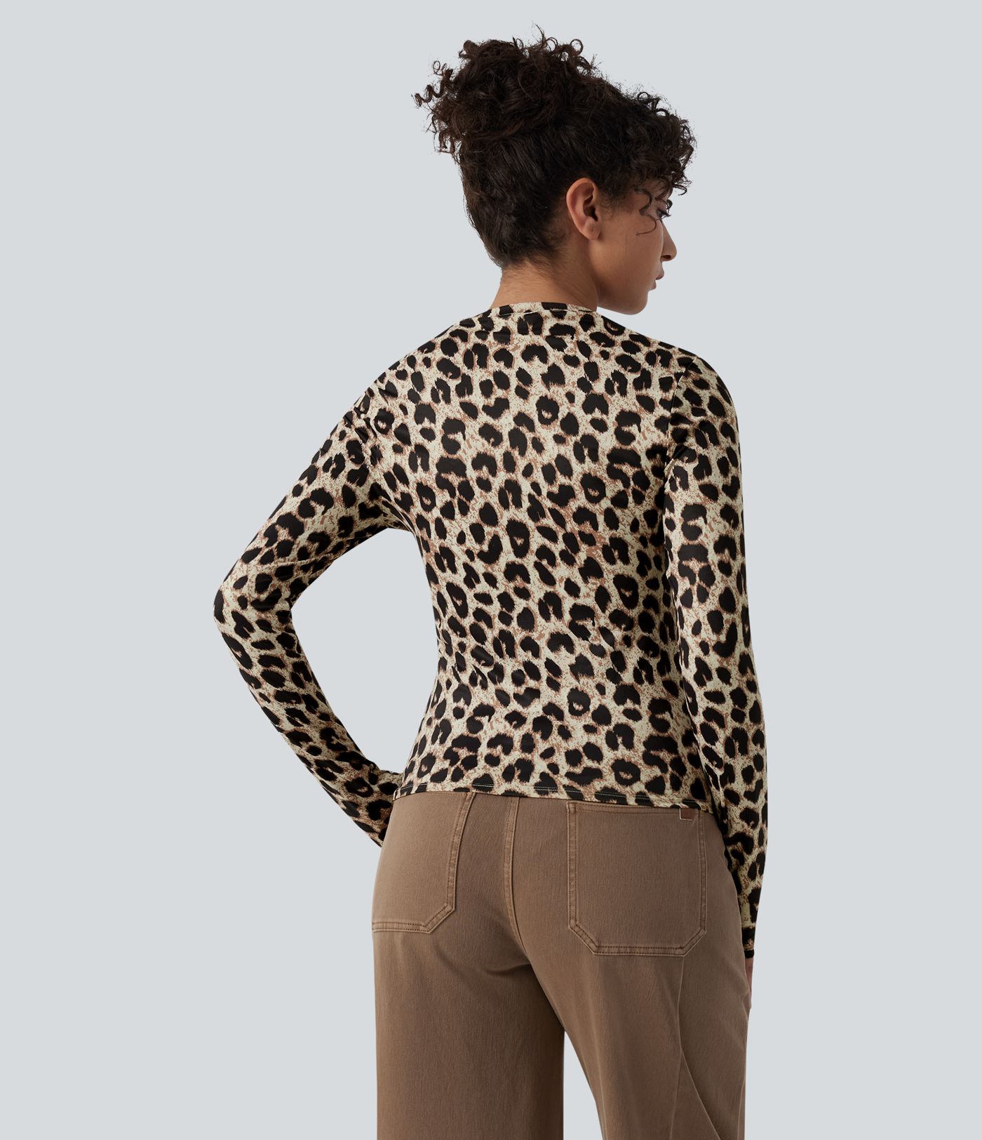 Round Neck Long Sleeve Leopard Print Casual Slim Top