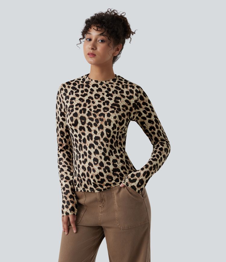 Round Neck Long Sleeve Leopard Print Casual Slim Top