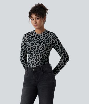 Round Neck Long Sleeve Leopard Print Casual Slim Top